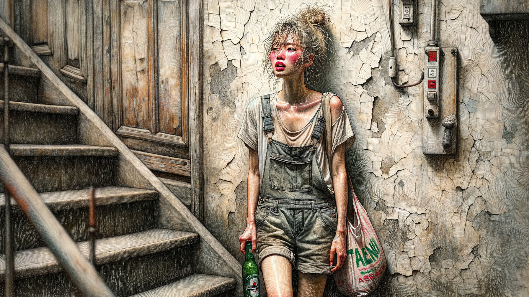 Young Woman in Casual Outfit Against Weathered Wall