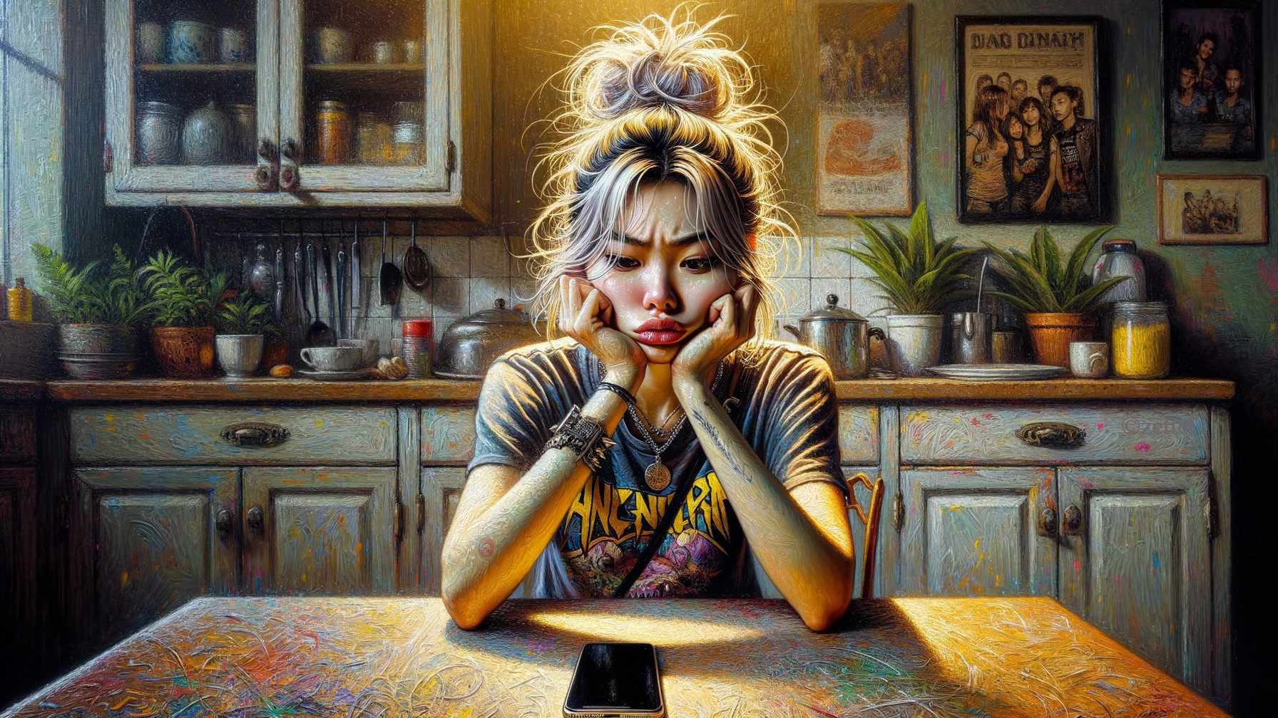 Cozy Kitchen Scene with Young Woman and Smartphone