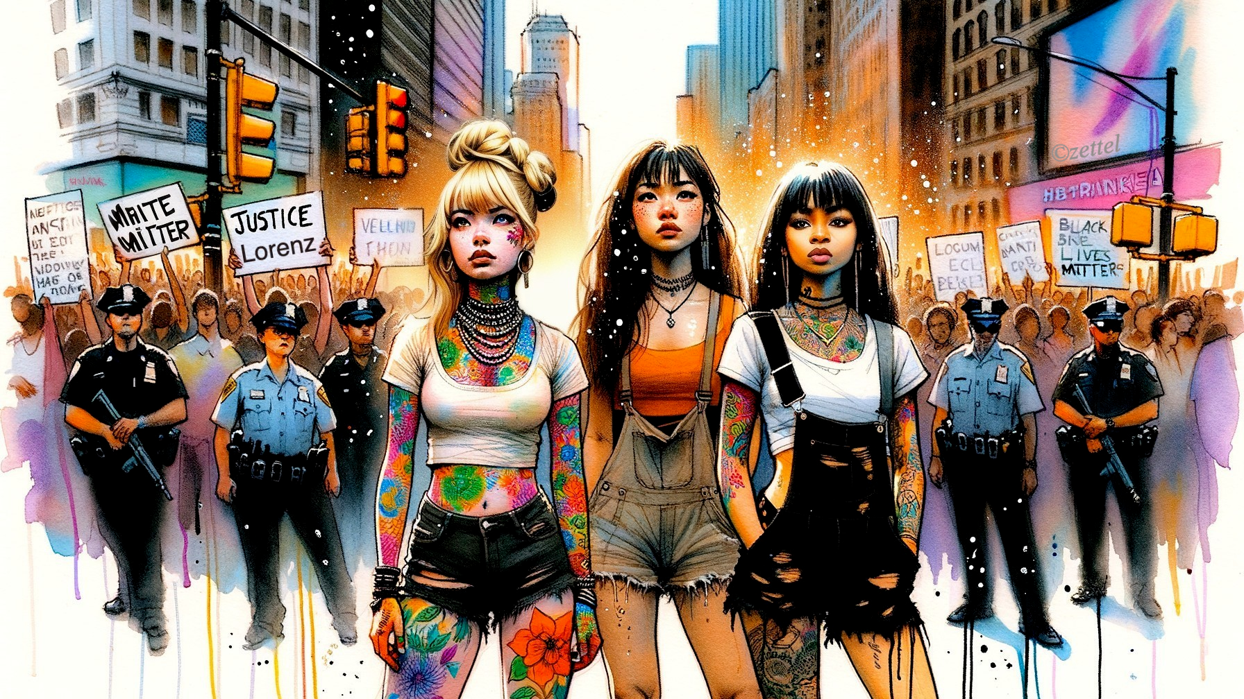 Diverse Young Women at Urban Protest for Justice