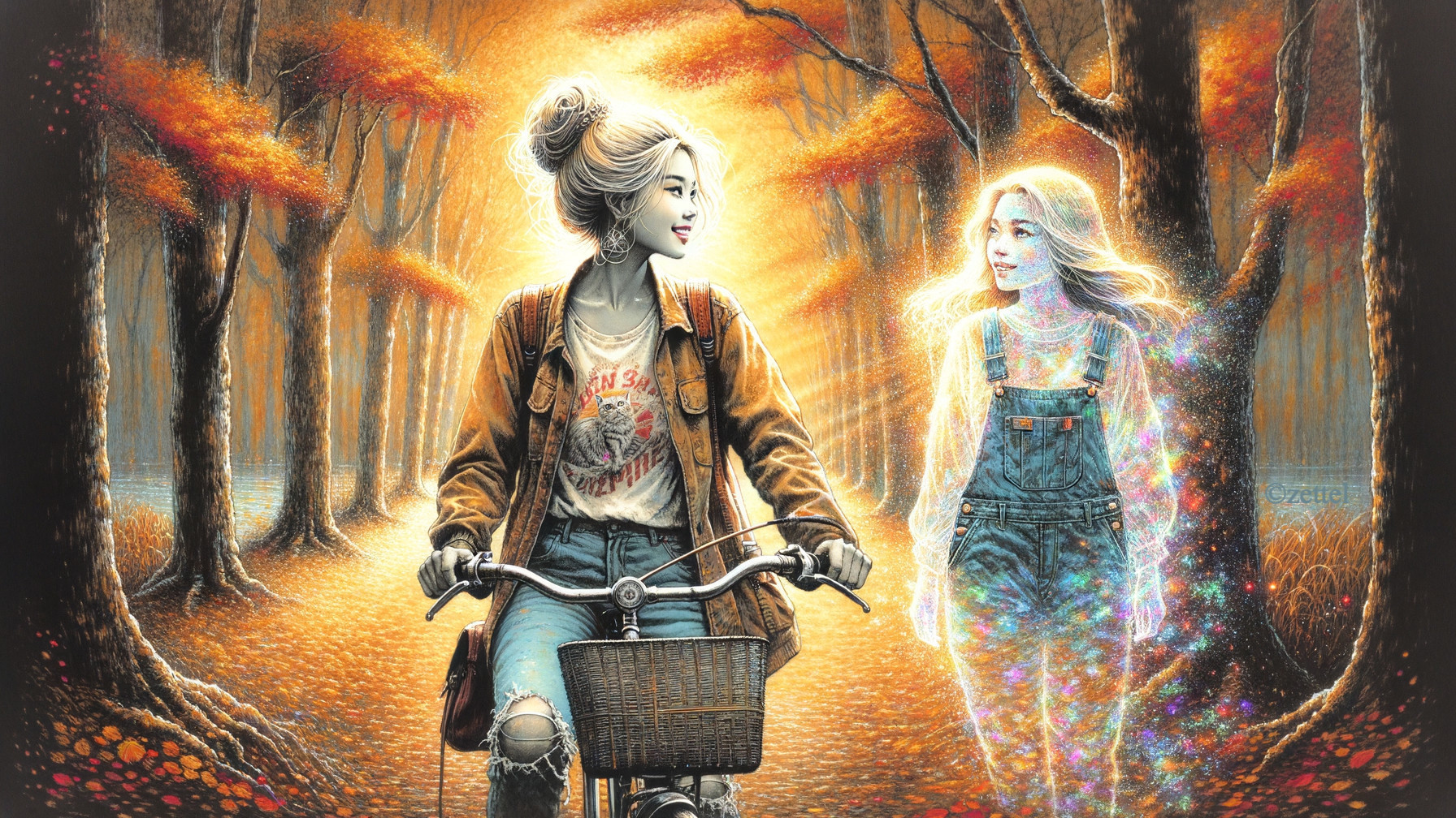 Autumn Forest Scene with Bicycle and Ethereal Figure