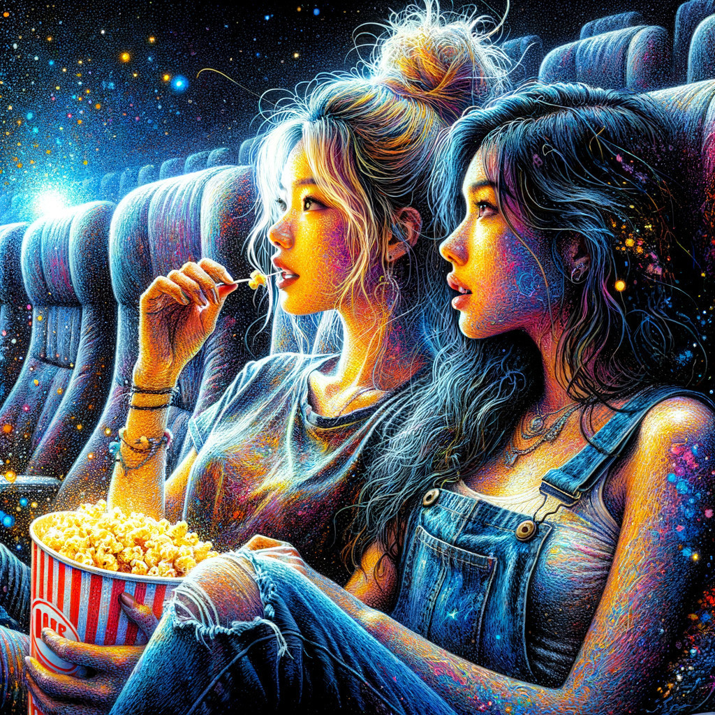 Cosmic Cinema Experience with Two Young Women