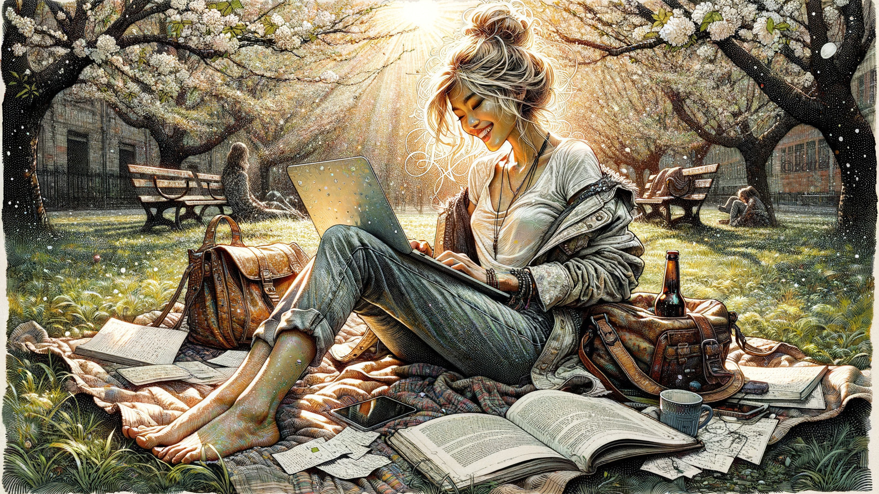 Young woman writing in sunlit park setting