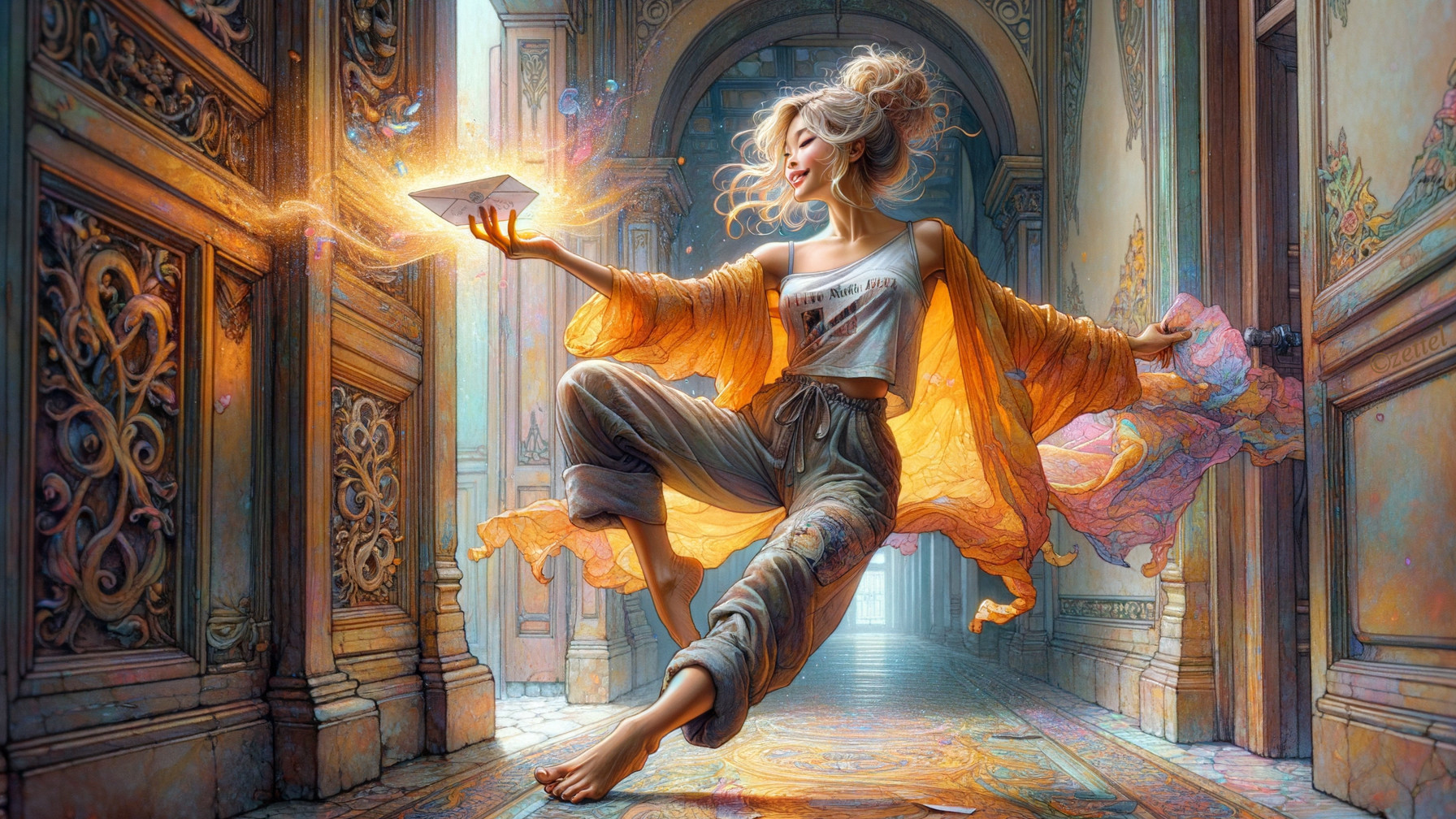 Whimsical Hallway with Dancing Woman and Glowing Envelope