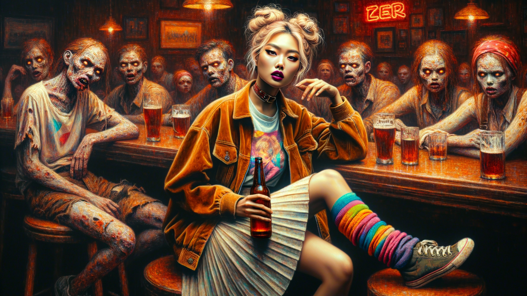 Stylish Woman Surrounded by Zombie Figures in Bar