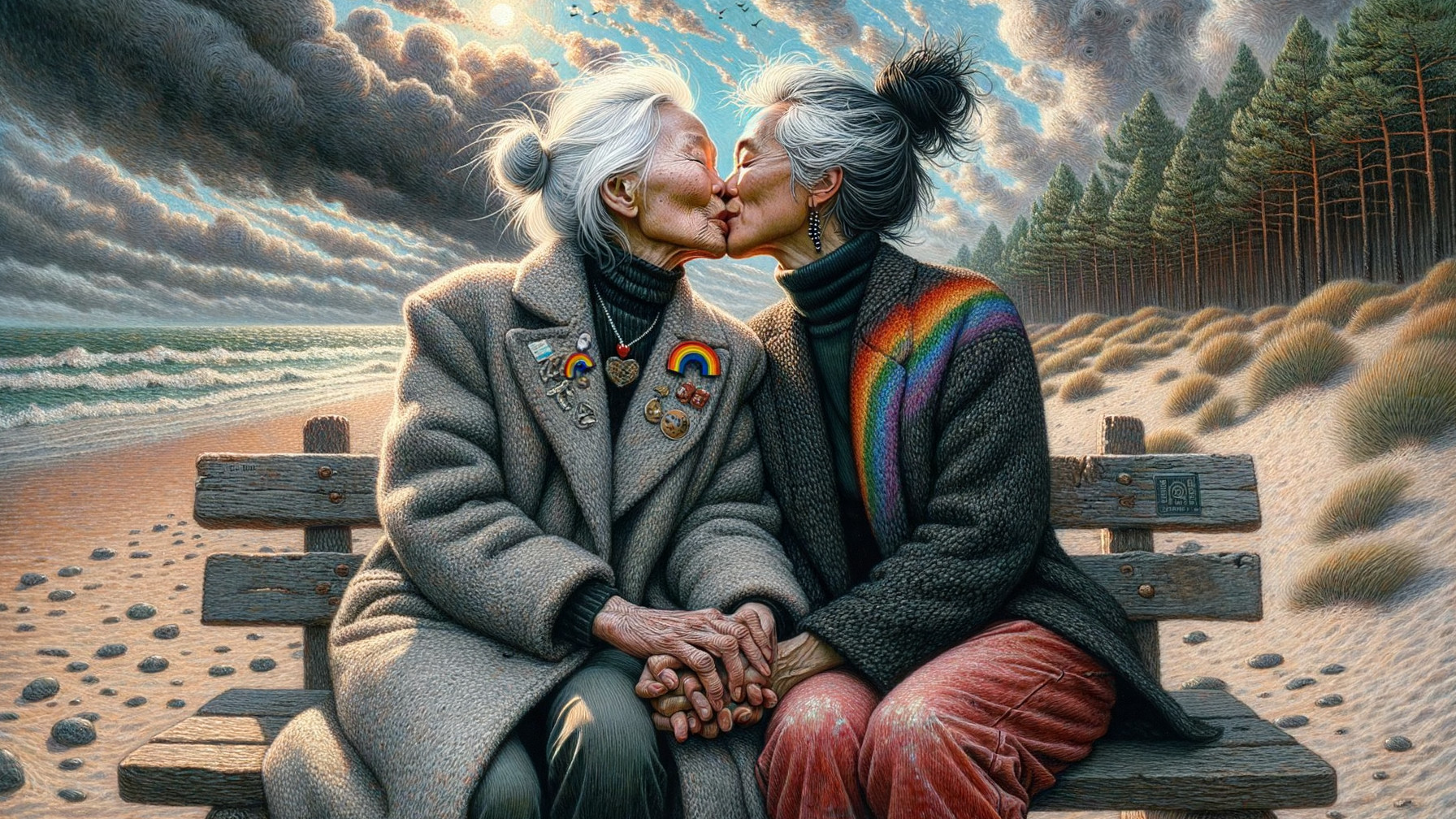 Elderly Women Kissing on Beach Bench with Scenic View