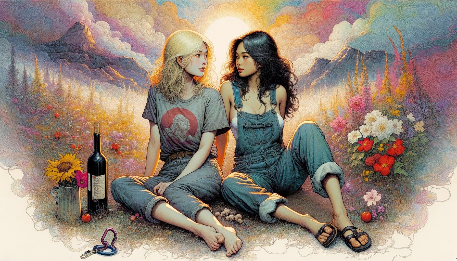 Surreal Landscape with Two Women and Colorful Flowers