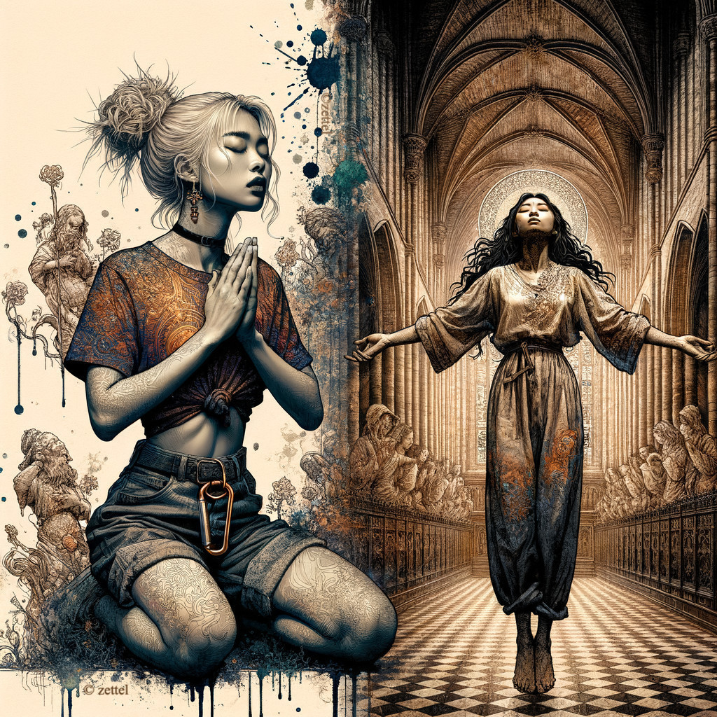 Contrasting Figures in a Spiritual Cathedral Setting