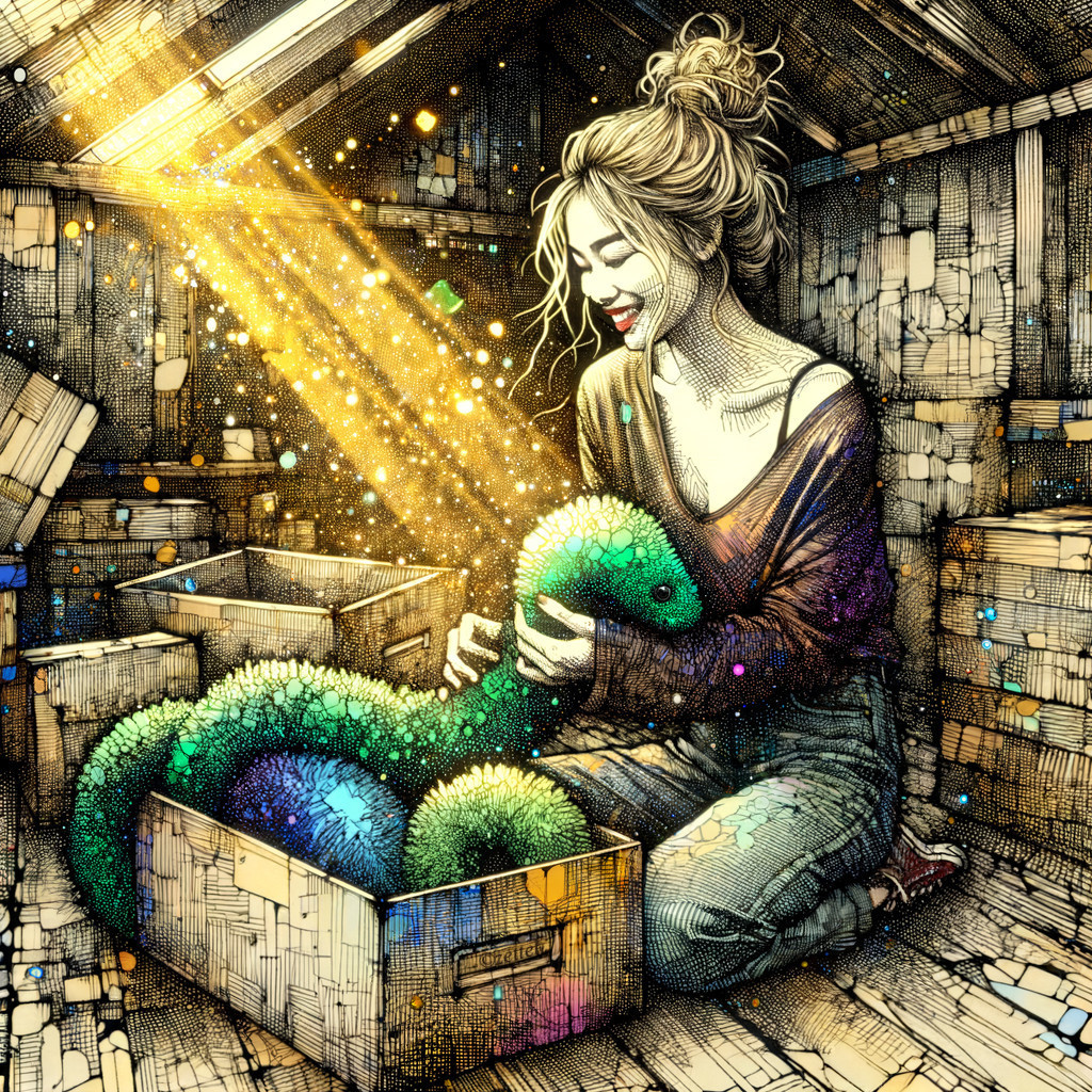 Cozy Attic Scene with a Young Woman and Colorful Creature