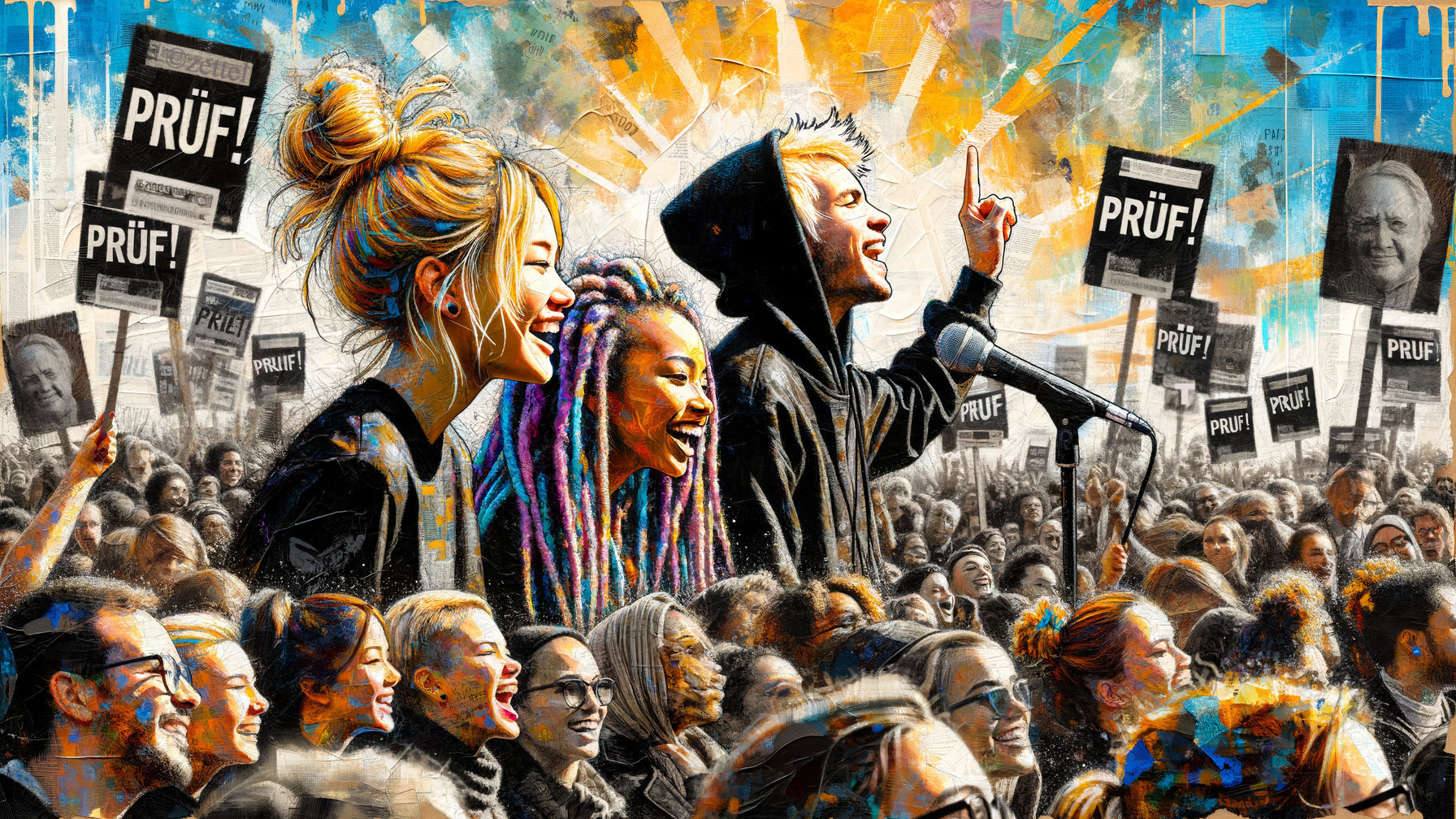 Vibrant Mural of Diverse Crowd at Passionate Rally