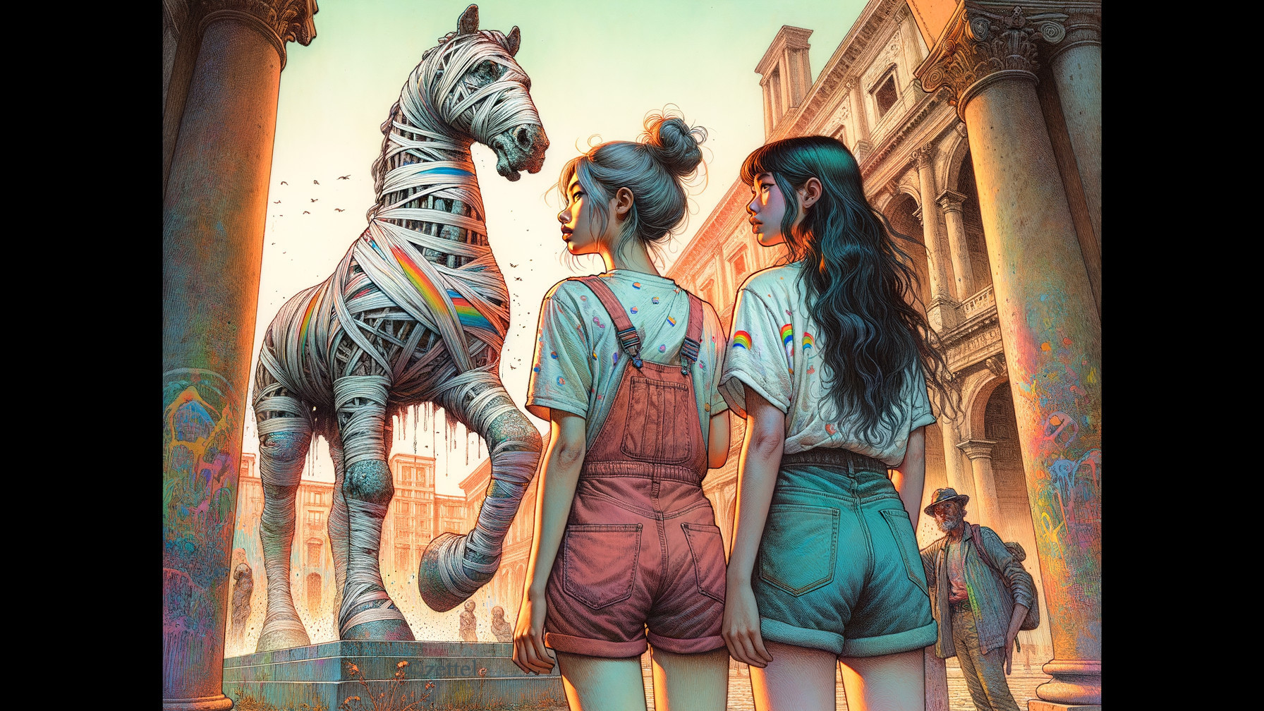 Vibrant City Square with Colorful Horse Statue and Art