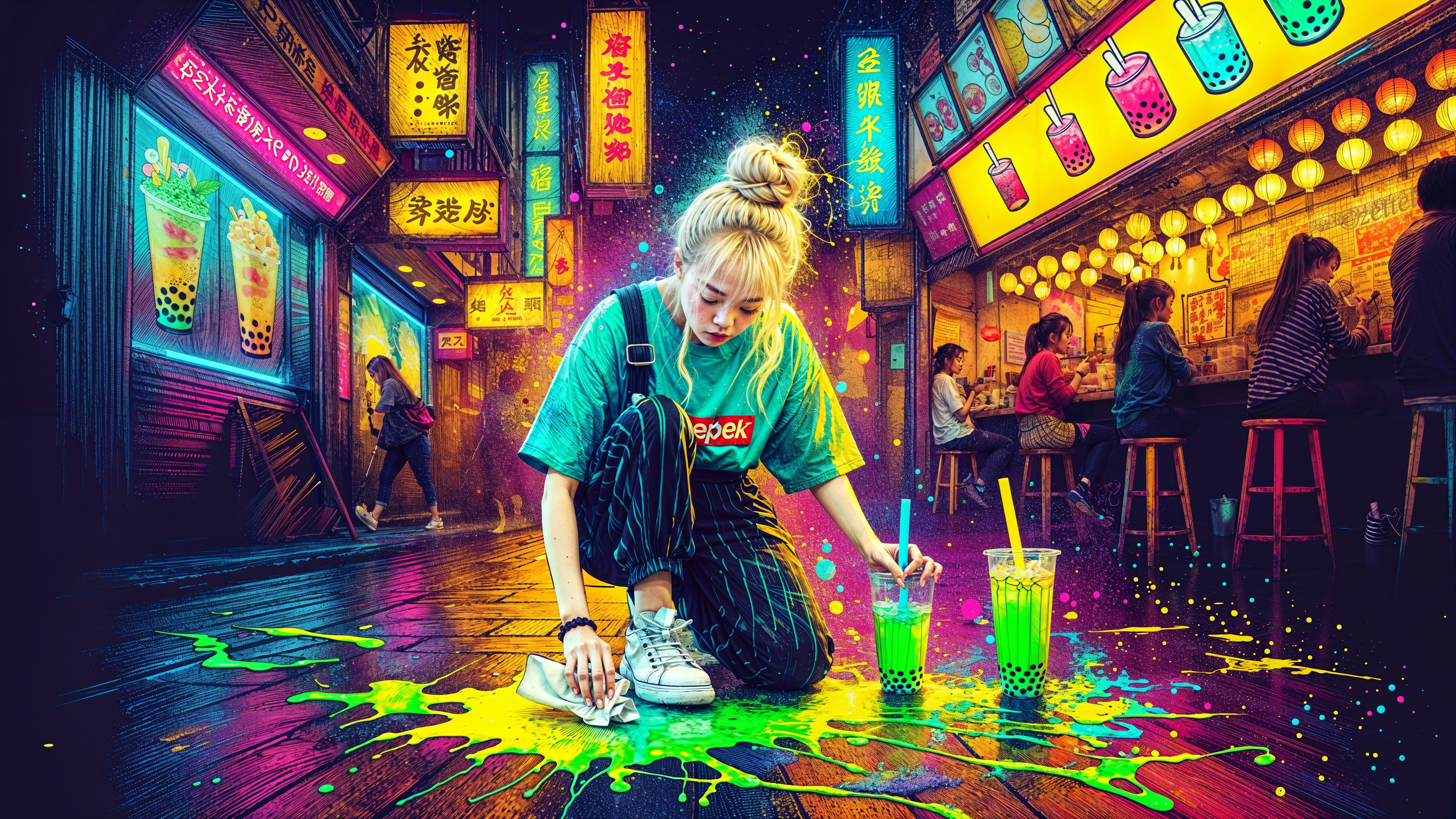 Neon-lit Street Scene with Young Woman Cleaning Spill