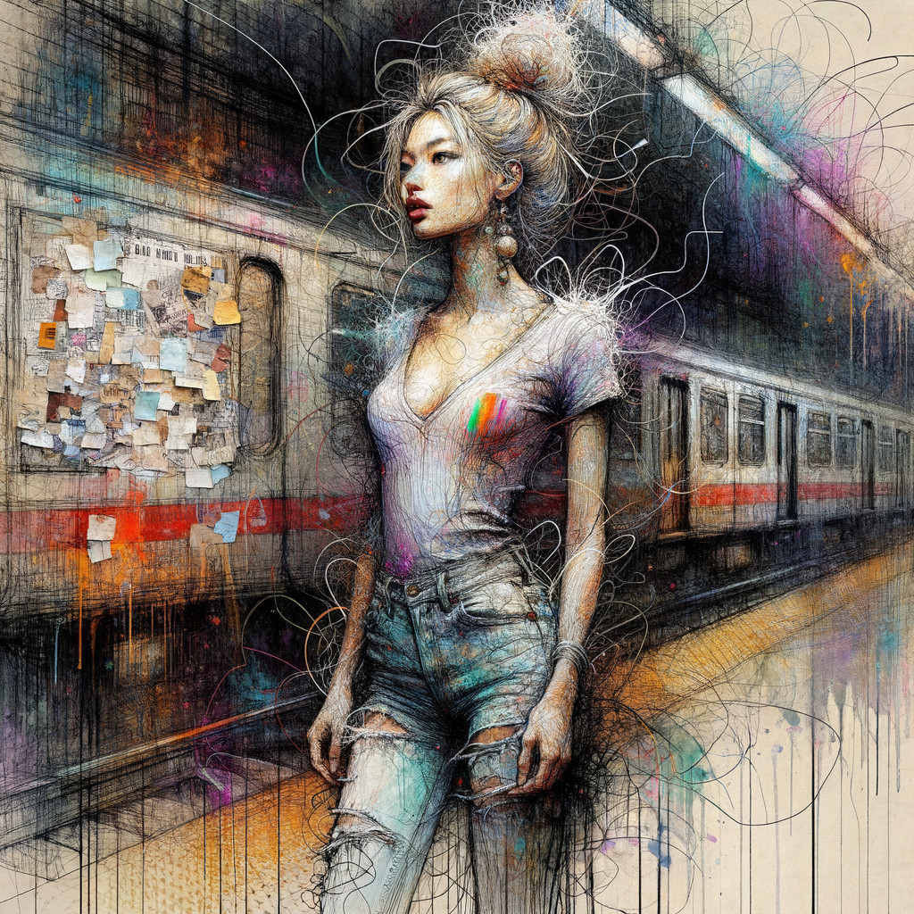 Stylized Representation of a Young Woman on Subway Platform