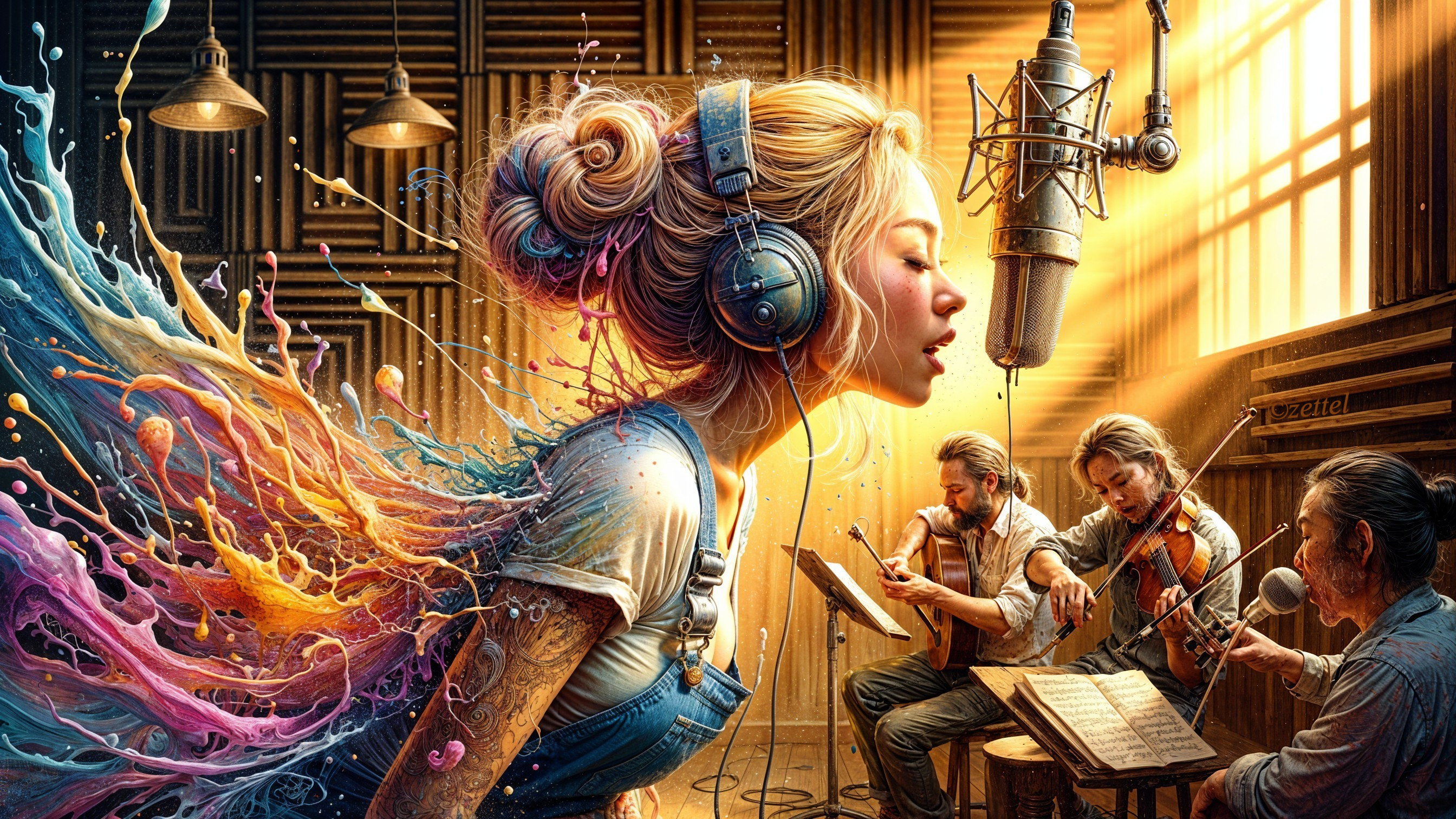 Young Woman Singing in a Colorful Recording Studio