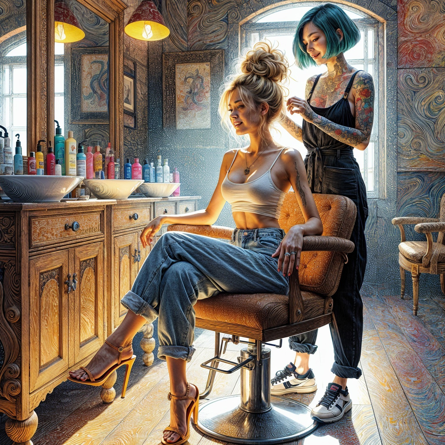 Cozy Hair Salon with Vintage Decor and Stylish Clients