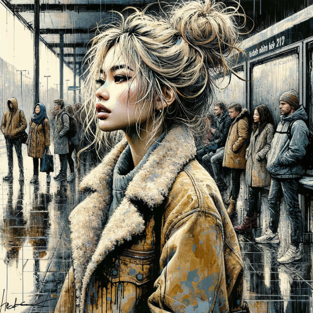 Contemplative Woman at Rainy Train Station Scene