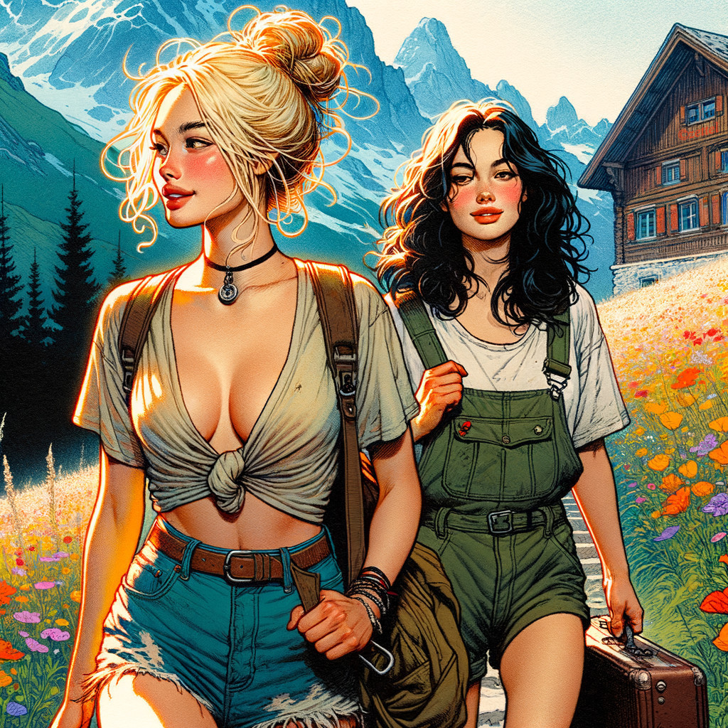 Young Women in Vibrant Landscape with Wildflowers