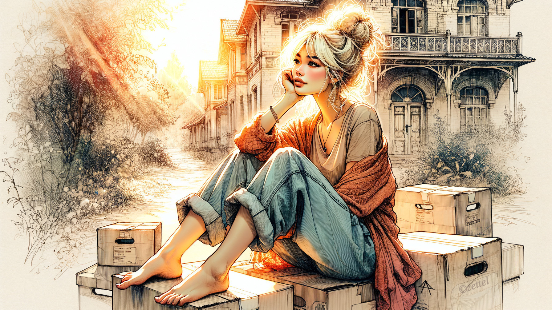 Young Woman in Casual Attire in Serene Sunlit Setting