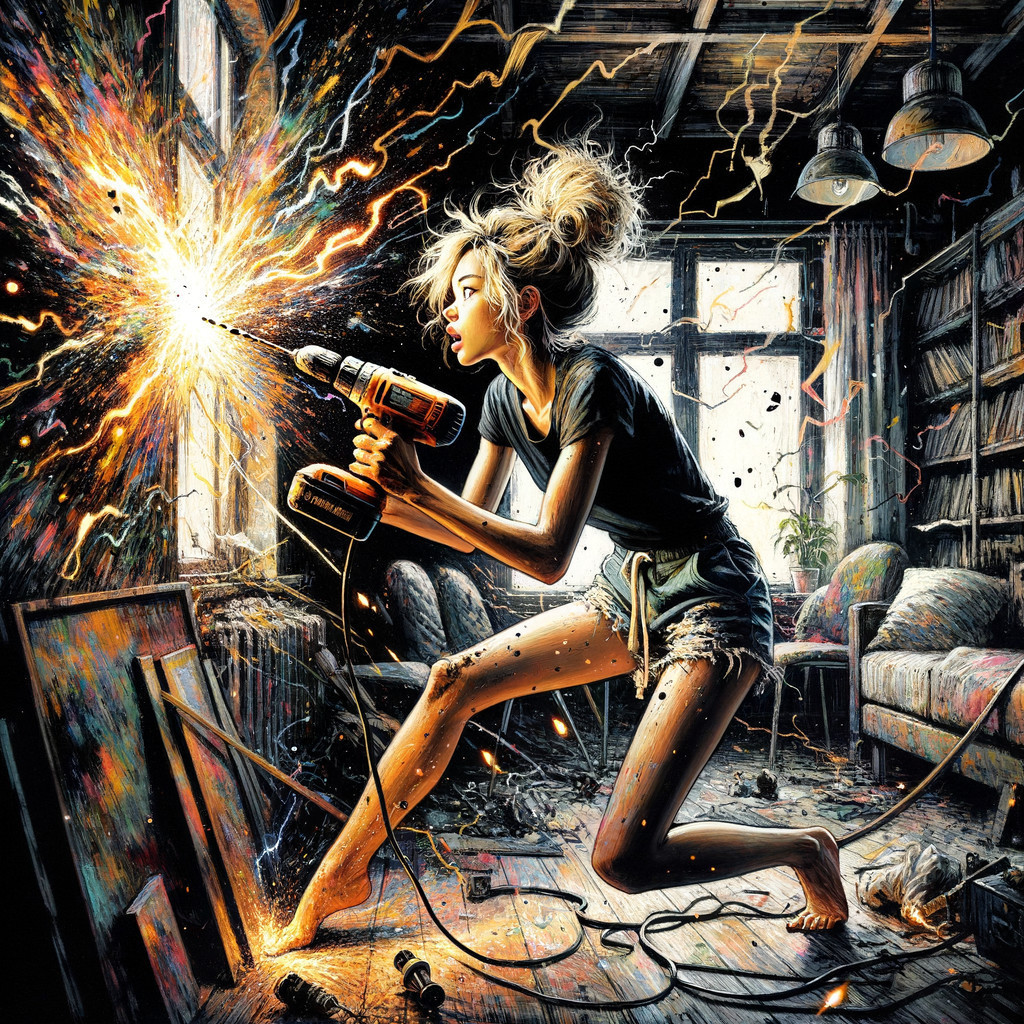 Young woman drills in an abandoned room with colors