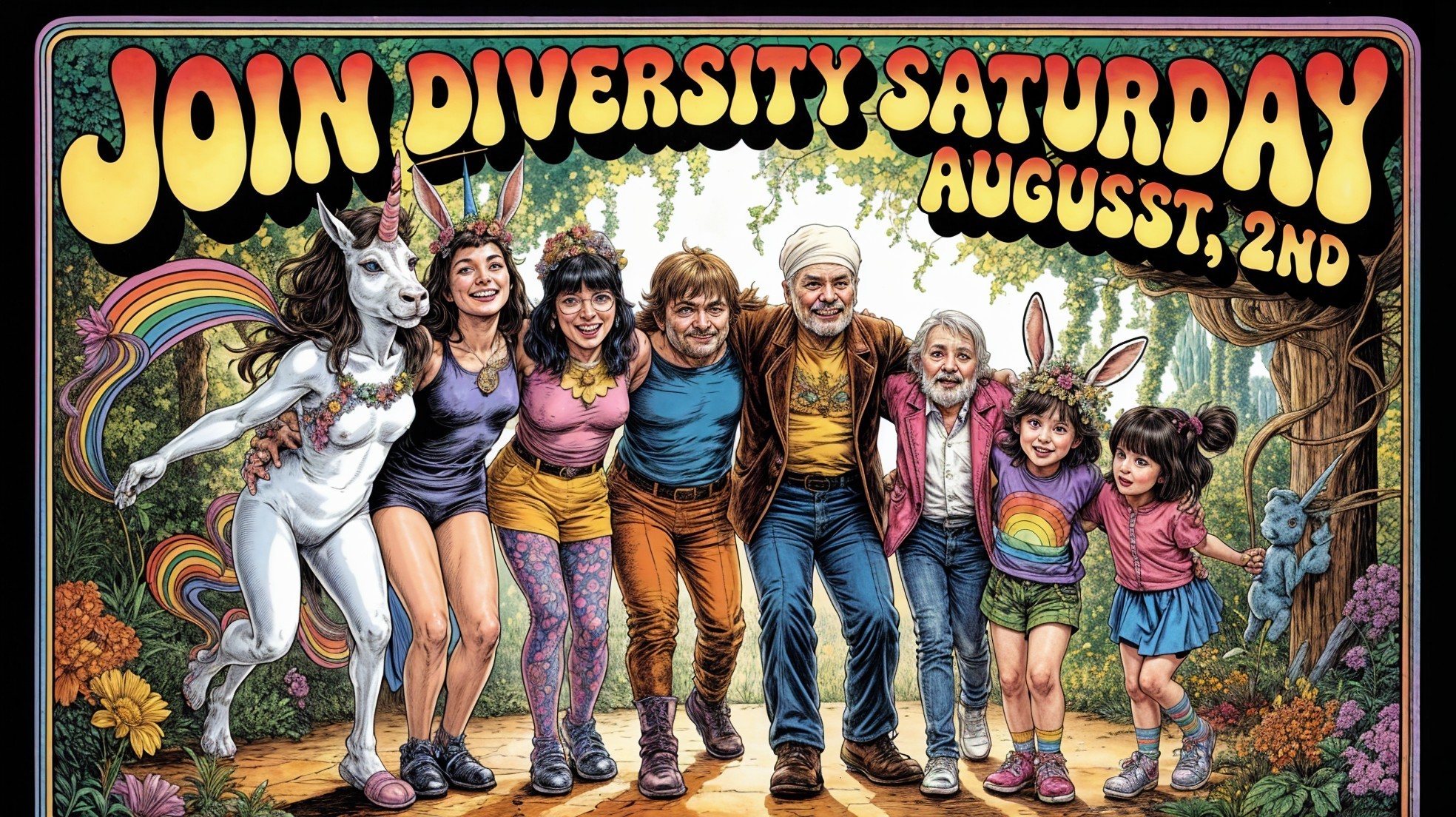 Whimsical Poster of Diverse People in Enchanted Forest