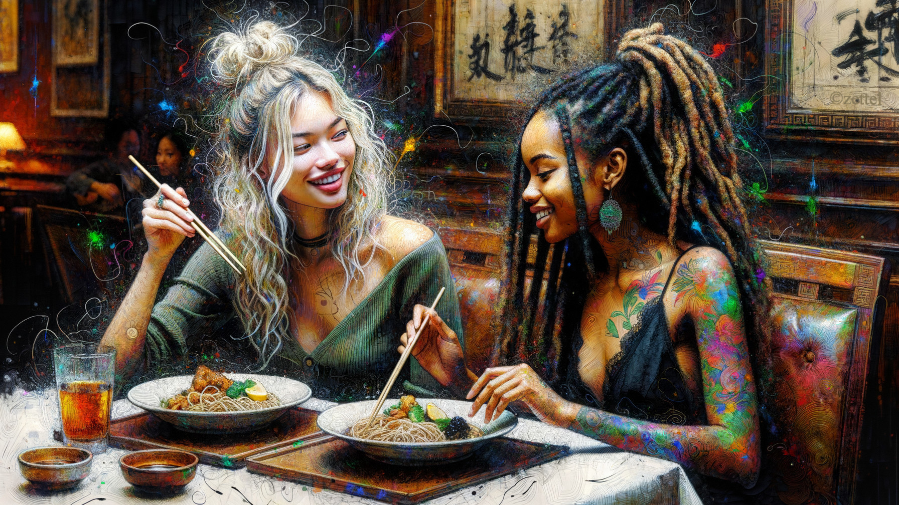 Young Women Enjoy Noodles in Cozy Restaurant Setting