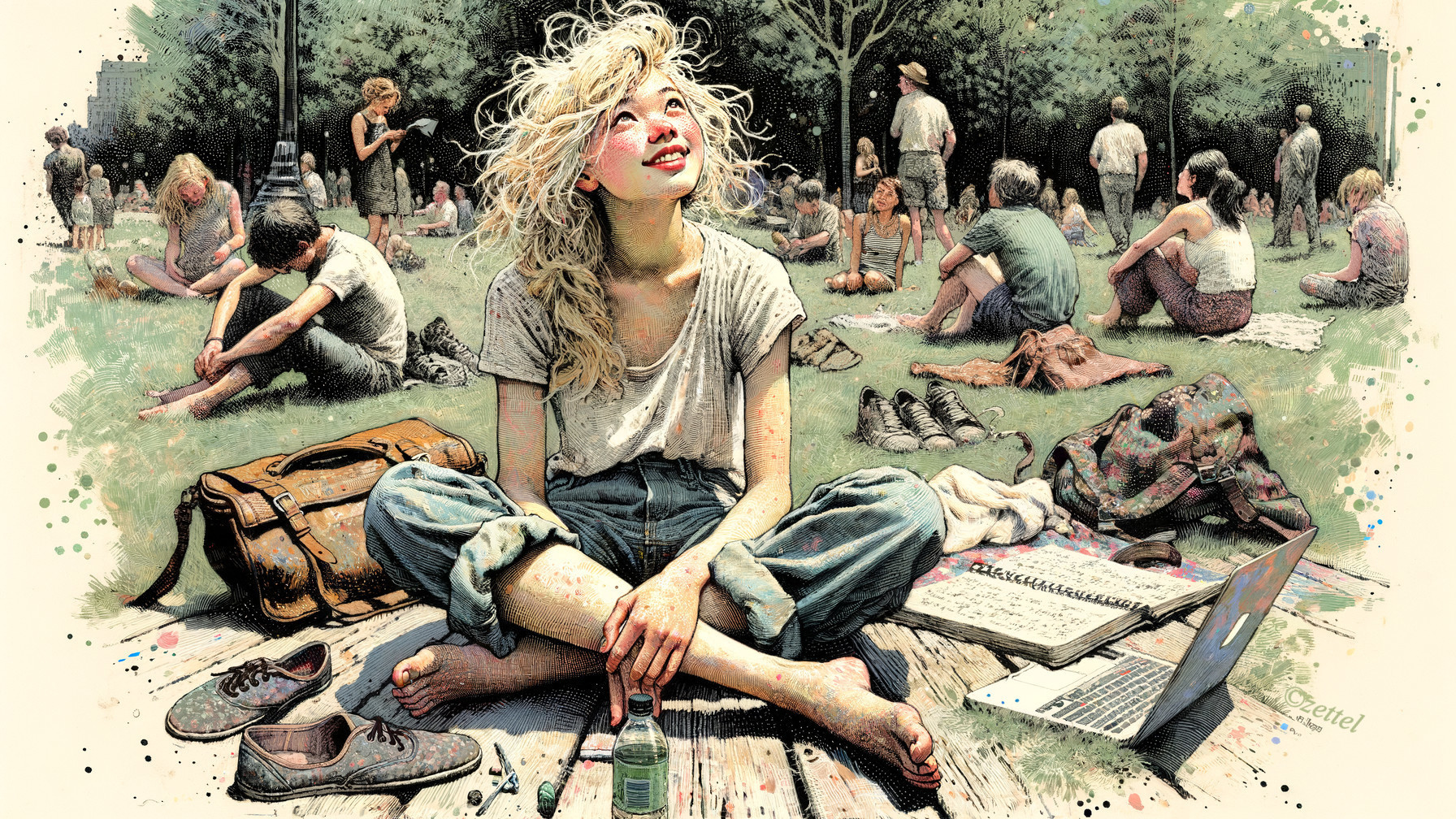 Serene Park Scene with Young Woman and Diverse Activities