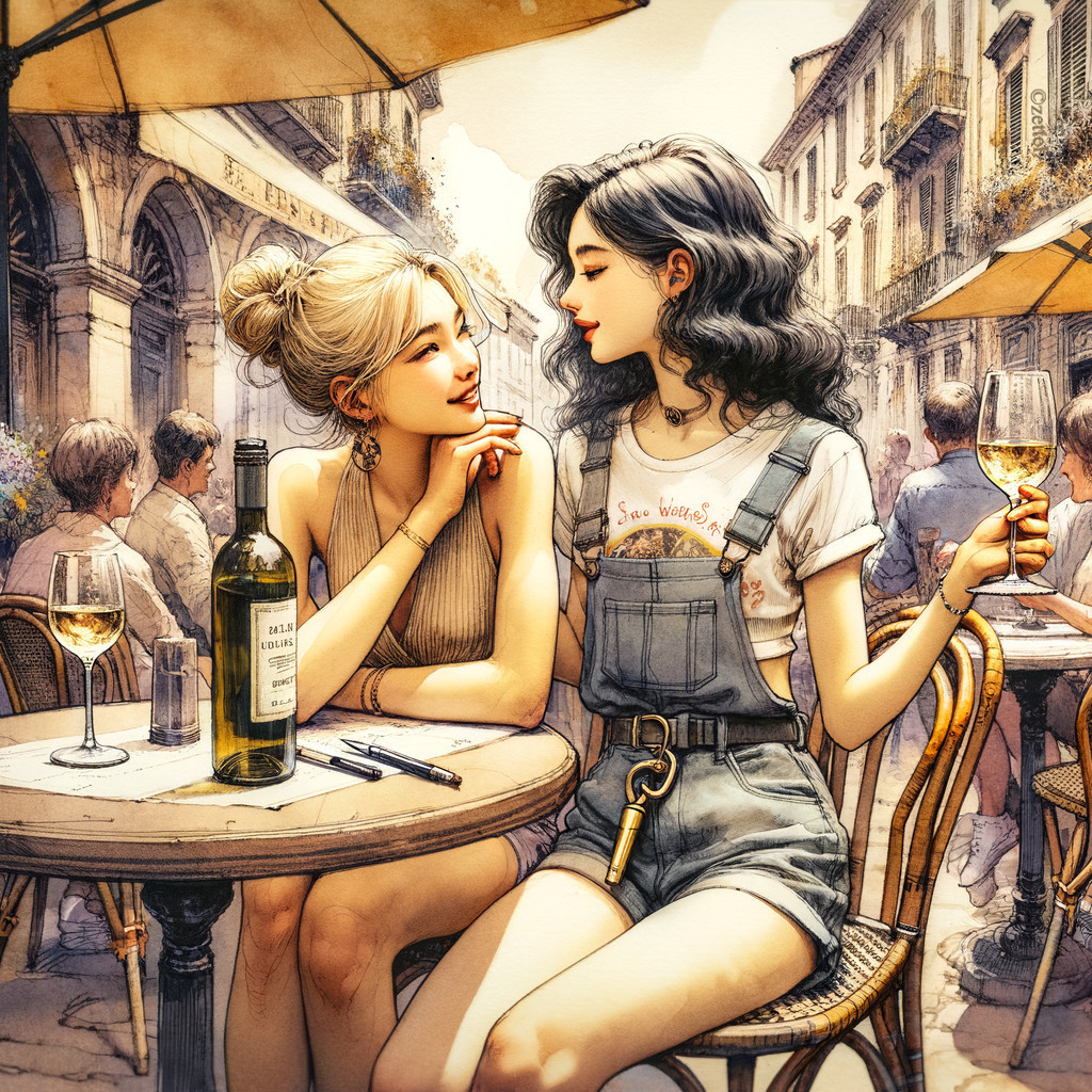 Stylish Women Enjoying Wine at Outdoor Café Scene