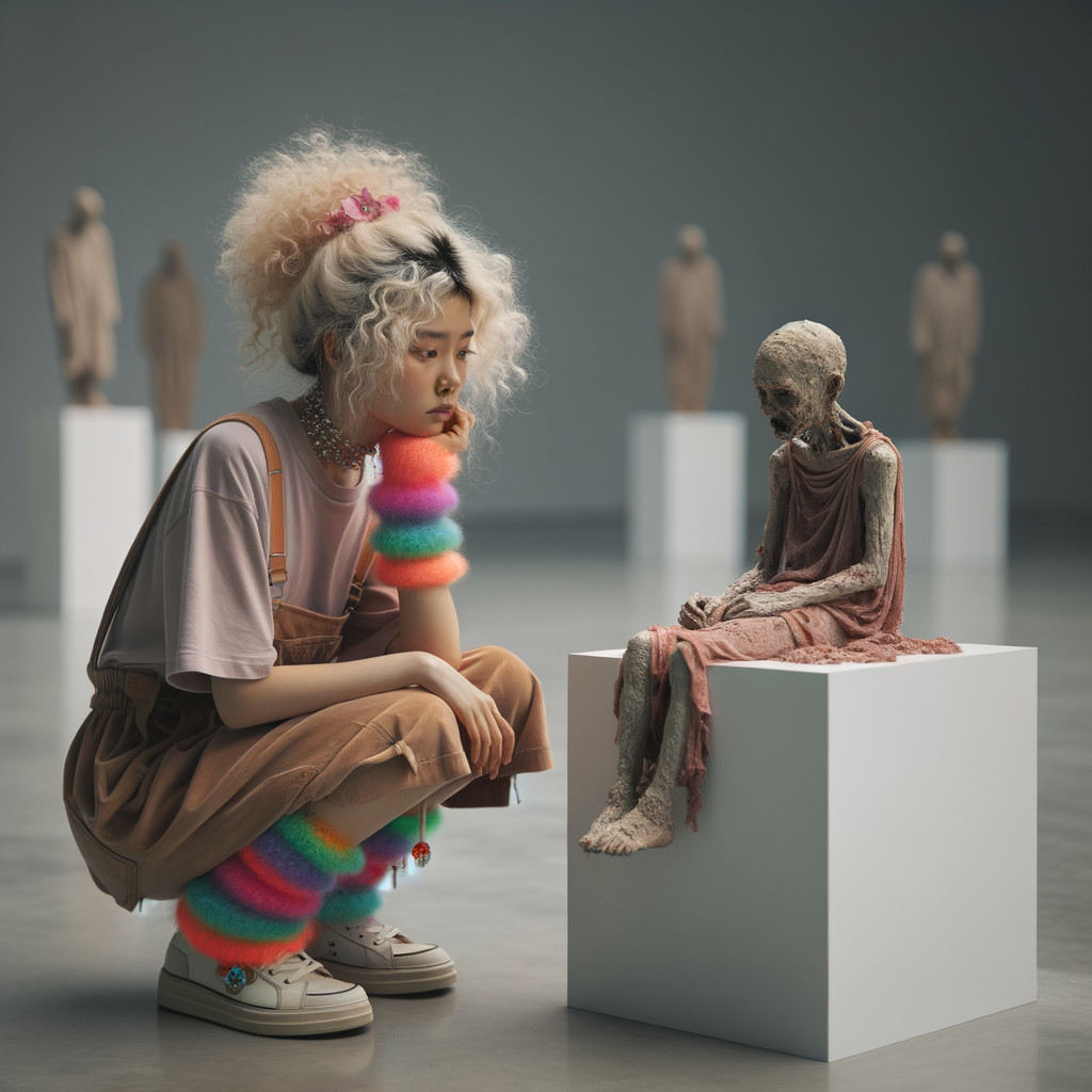 Young Woman Observes Skeletal Figure in Art Gallery