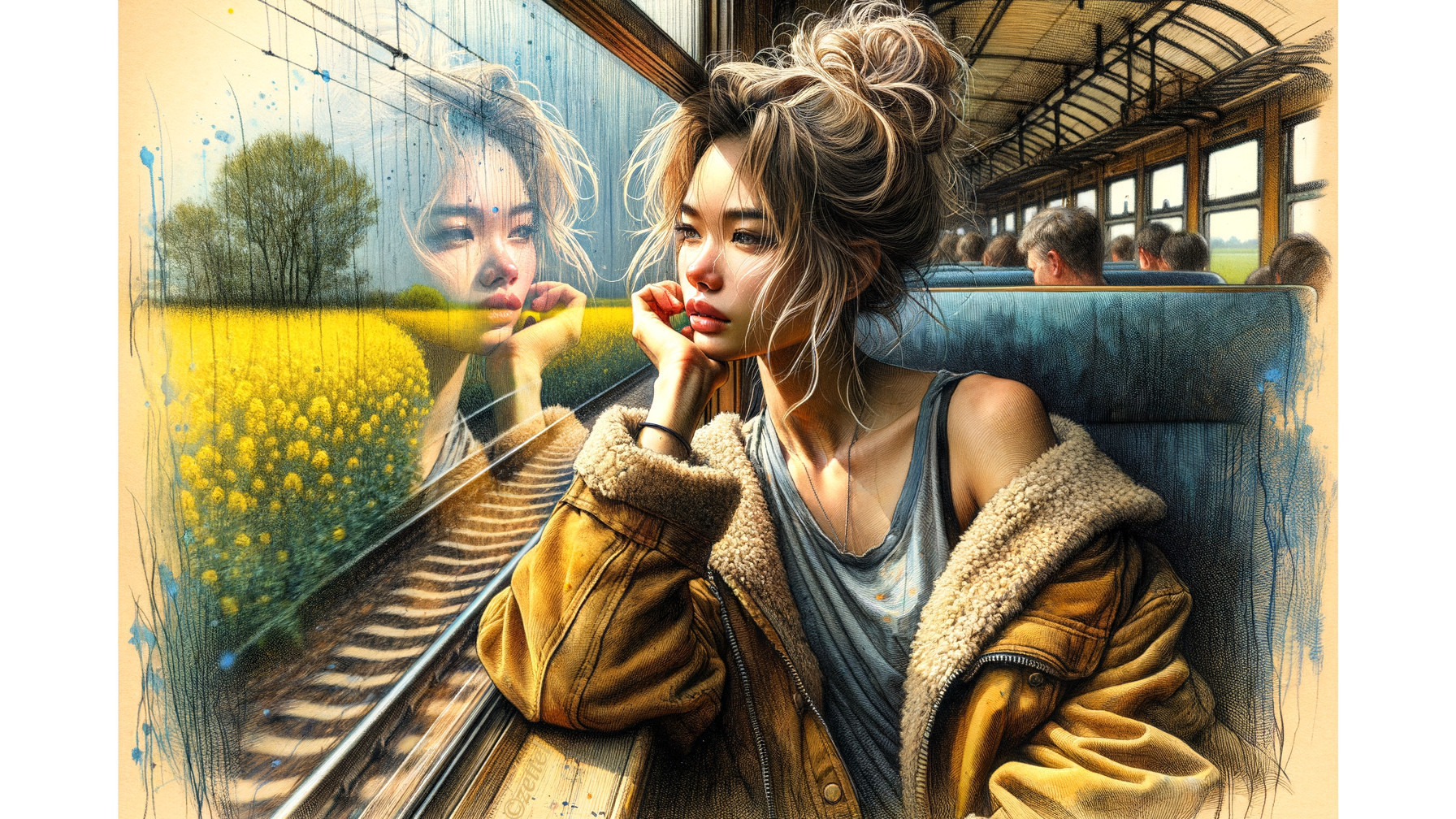 Young Woman Reflects by Train Window with Scenic View