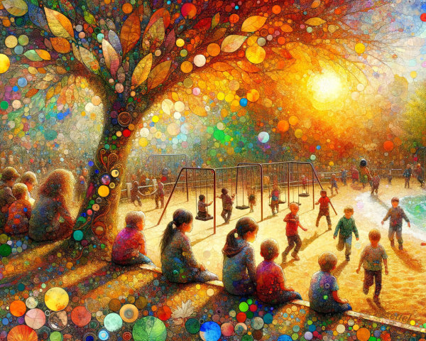 Vibrant Playground Scene at Sunset with Children Playing