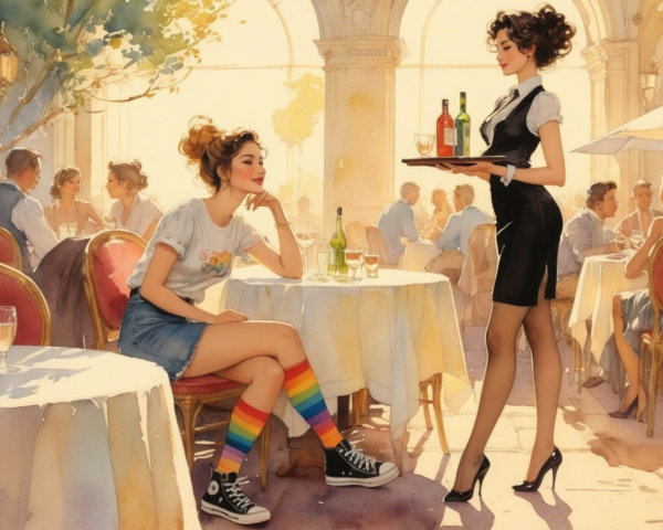 Café Scene with Waitress and Relaxed Patron