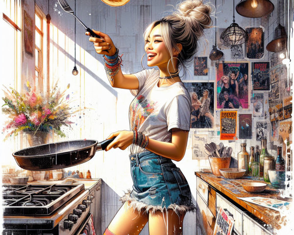 Young Woman Cooking in a Cozy Vintage Kitchen