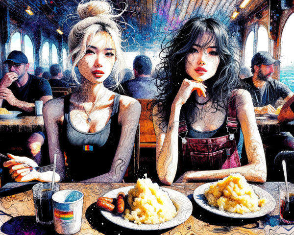 Stylish Women Dining on a Boat with Scenic Views