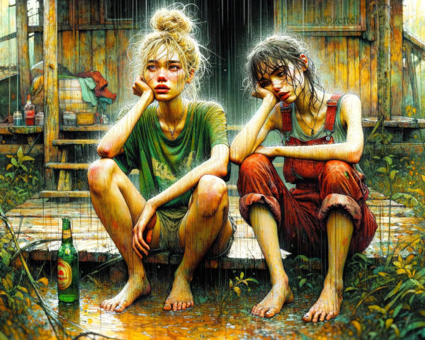 Young Women Reflecting by Rustic Cabin in Rain