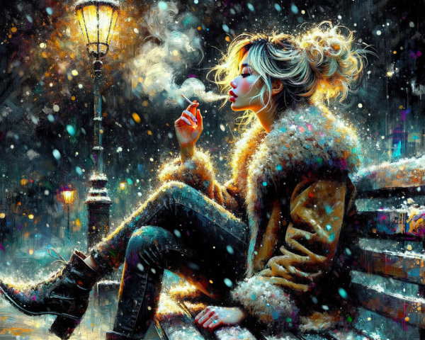 Woman on Snowy Bench with Smoke and Streetlamp Glow