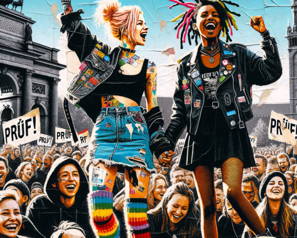 Vibrant Protest Crowd with Joyful Women Holding Hands