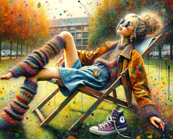 Stylish Girl Lounging in a Colorful Artistic Scene
