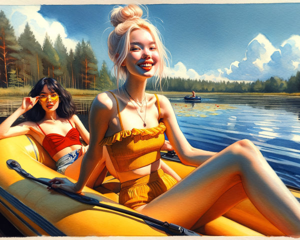 Young Women in Yellow Boat on Serene Lake Day