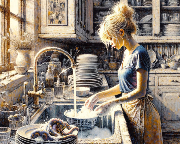 Serene kitchen scene with woman washing dishes