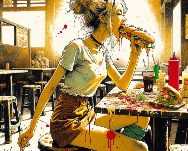 Young Woman Enjoying a Sandwich in Retro Diner Scene
