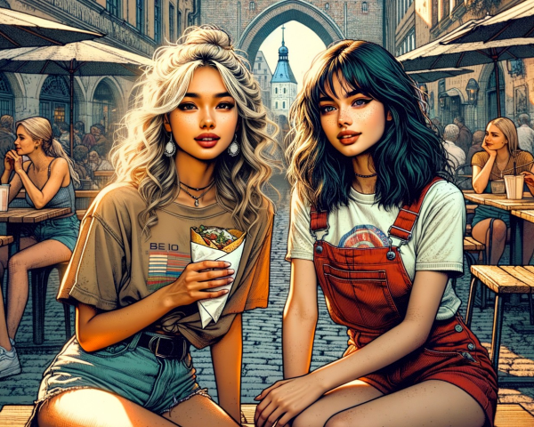 Young women dining at an outdoor café setting