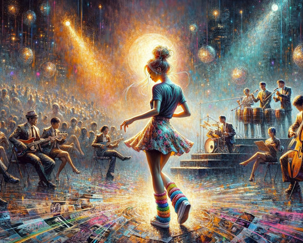 Vibrant Concert Scene with Dancing Girl and Band