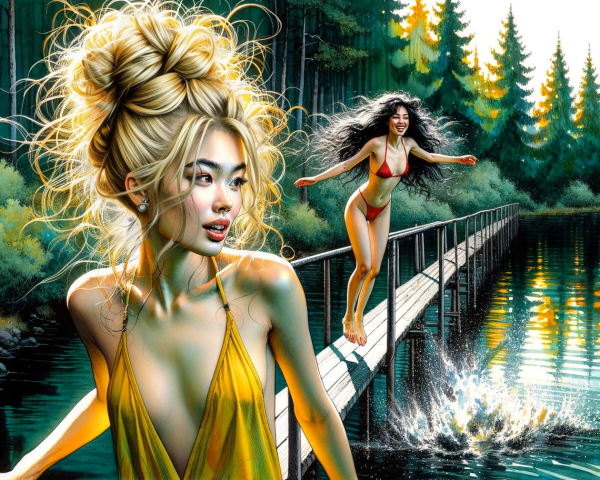 Women by a Serene Lakeside with Lush Trees
