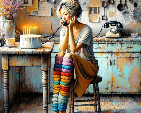 Young woman in vintage kitchen with cake and phone