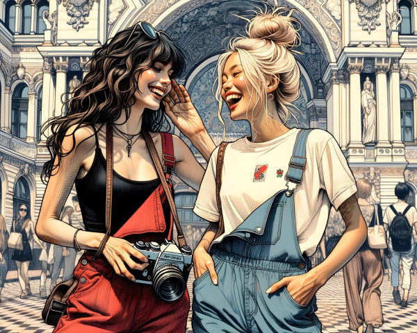 Joyful Moment of Two Women in Architectural Setting