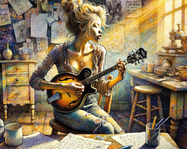 Young Woman Strumming Mandolin in Cozy Room
