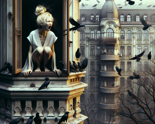 Woman screaming amidst swirling crows and old architecture
