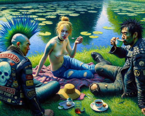 Punk Picnic by a Tranquil Pond with Lush Greenery
