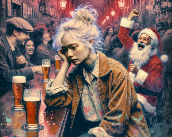 Stylish Woman at Bar in Darkly Lit Tavern Scene