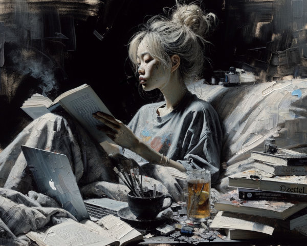 Oil Painting of Young Woman Reading in Unmade Bed