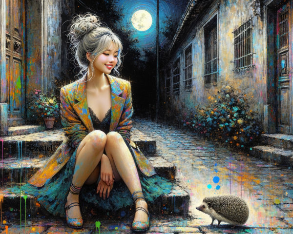 Moonlit Alley Scene with Silver-Haired Woman and Hedgehog